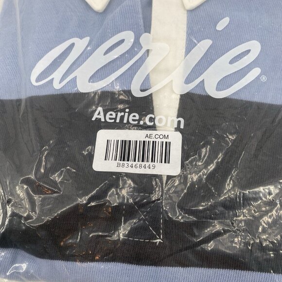 Aerie Size M Blue and Gray Striped Rugby Cropped Polo Shirt Long Sleeve - Picture 4 of 12